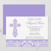 Lila  Kruis Damast Meisje Doop Doop Kaart (Voorkant / Achterkant)