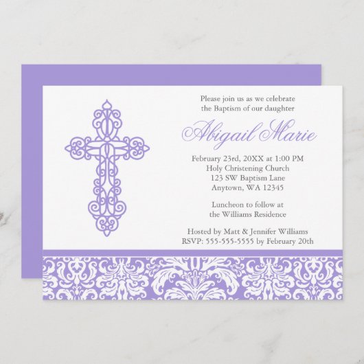 Lila  Kruis Damast Meisje Doop Doop Kaart (Voorkant / Achterkant)