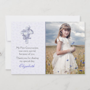 Lila kruis met Flowers Religieuze Foto Bedankkaart
