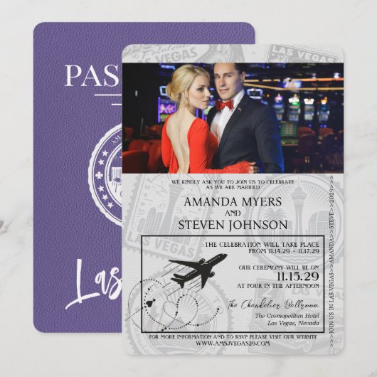 Lila Las Vegas Passport Wedding Kaart (Voorkant / Achterkant)
