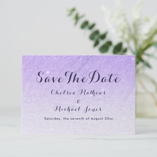 Lila lavendel faux glitter ombre Save The Date (Staand voorkant)