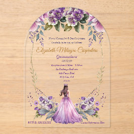 Lila Lavendel Floral Quinceañera Acryl Uitnodigingen