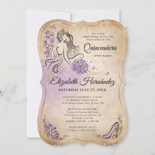 Lila Lavendel Goud Prinses Quinceanera Verjaardag Kaart (Voorkant)