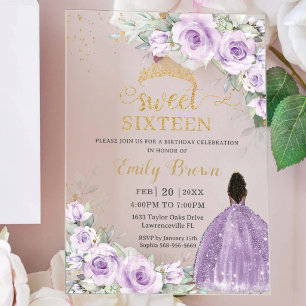 Lila Lavendel Paarse Bloemige Sweet Sixteen 16 Acryl Uitnodigingen