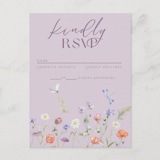 Lila Lavendel Whimsy Wildflower RSVP-kaart Uitnodiging Briefkaart (Voorkant)