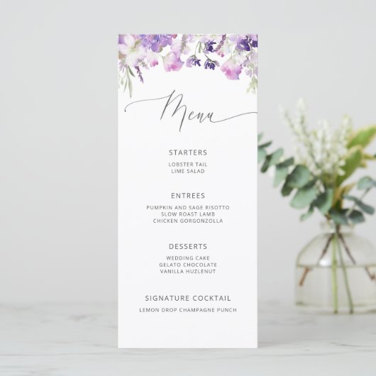 Lila lavendel wildflower minimalistische bruiloft menu (Staand voorkant)