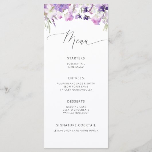 Lila lavendel wildflower minimalistische bruiloft menu (Voorkant)