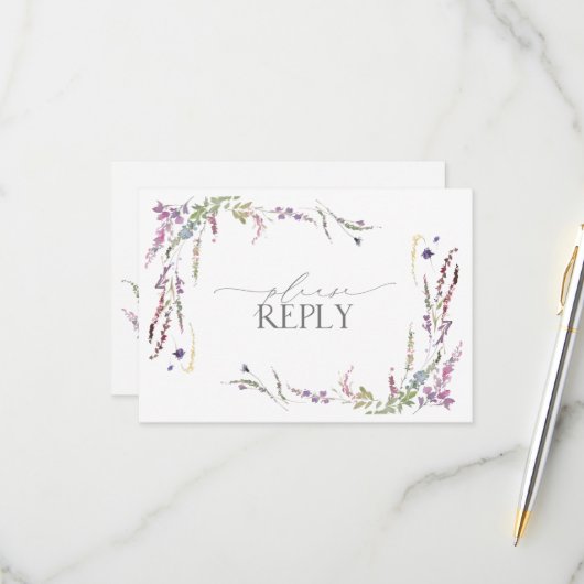Lila lavendel Wildflower Waterverf Weddenschap RSV RSVP Kaartje (Voorkant / Achterkant in situ)