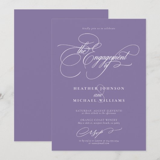 Lila lavender Calligraphy Verloving Kaart (Voorkant / Achterkant)