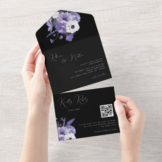 Lila lavender Floral Qr Code Weddenschap All In One Uitnodiging (Afscheurbaar)