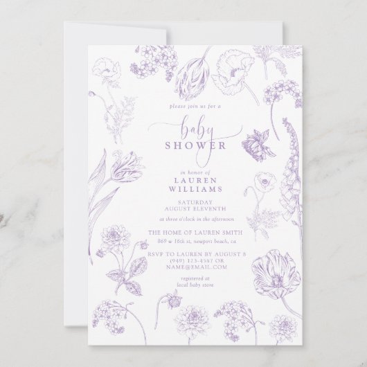  Lila Lavender Floral Script Baby shower Kaart (Voorkant)