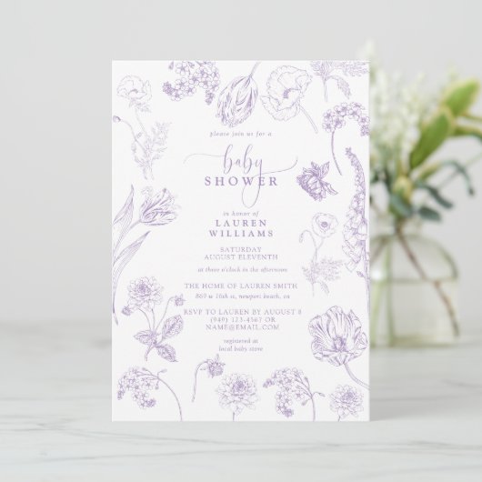  Lila Lavender Floral Script Baby shower Kaart (Staand voorkant)