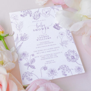  Lila Lavender Floral Script Baby shower Kaart