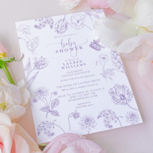  Lila Lavender Floral Script Baby shower Kaart