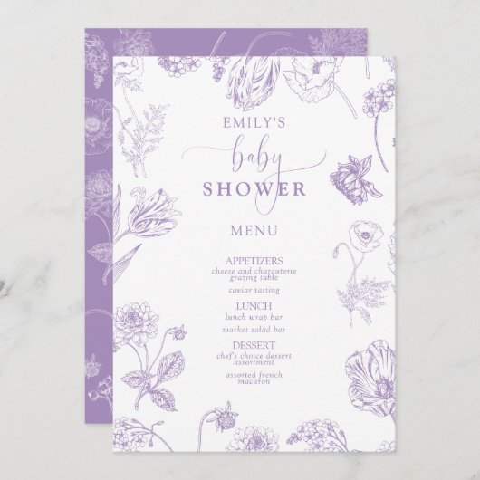  Lila Lavender Floral Script Baby shower Menu (Voorkant / Achterkant)
