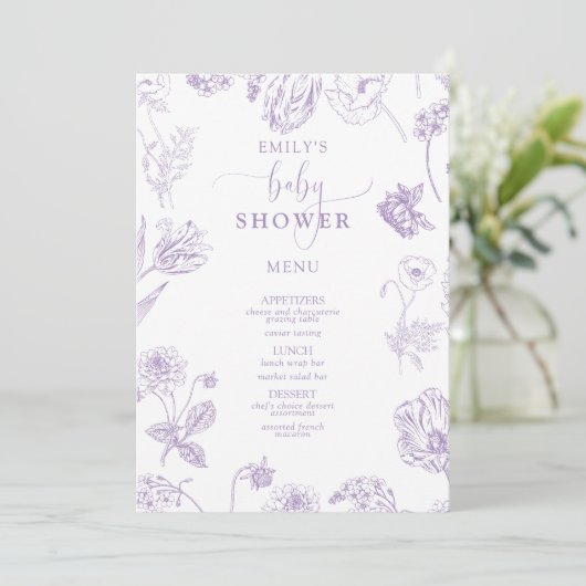  Lila Lavender Floral Script Baby shower Menu (Staand voorkant)