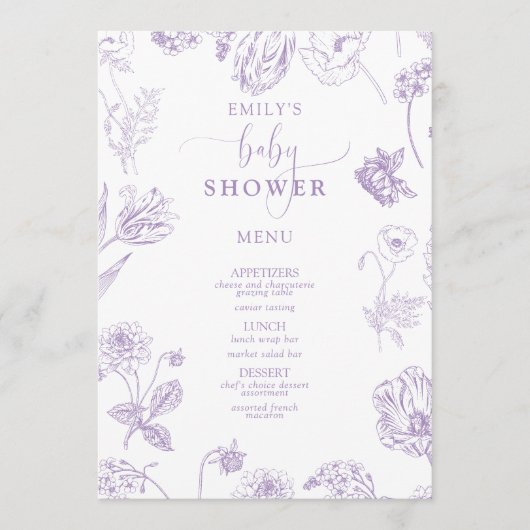  Lila Lavender Floral Script Baby shower Menu (Voorkant)