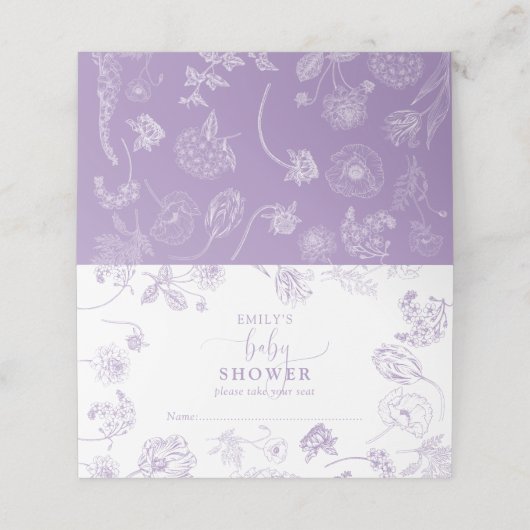  Lila Lavender Floral Script Baby shower Plaatskaartje (Buitenkant ongevouwen)