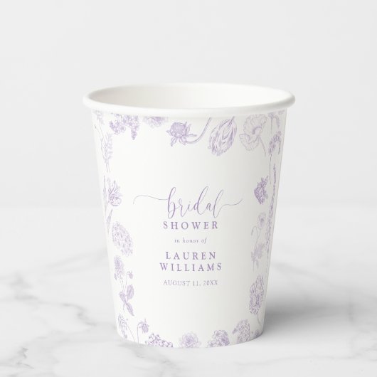  Lila Lavender Floral Script Vrijgezellenfeest Papieren Bekers (Achterkant)