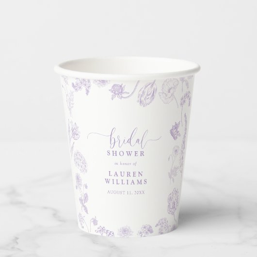  Lila Lavender Floral Script Vrijgezellenfeest Papieren Bekers (Voorkant)