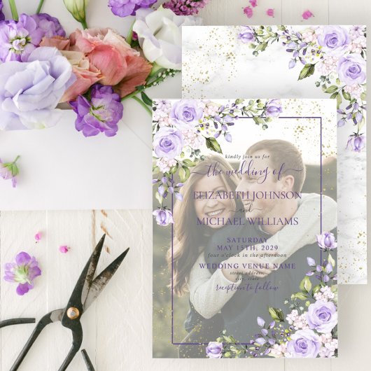 Lila lavender Floral Vellum Overlay Photo Wedding Kaart