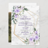 Lila Lavender Gold Geometric Photo Save the Date (Voorkant / Achterkant)