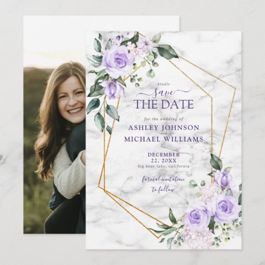 Lila Lavender Gold Geometric Photo Save the Date (Voorkant / Achterkant)
