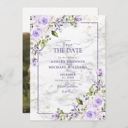 Lila Lavender Gold Geometric Photo Save the Date (Voorkant / Achterkant)