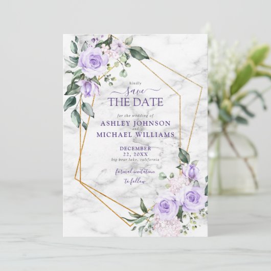 Lila Lavender Gold Geometric Save the Date (Staand voorkant)