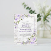Lila Lavender Gold Marble Floral Vertraging datum Aankondigingskaart (Staand voorkant)