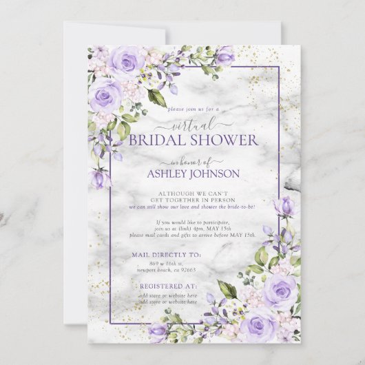 Lila Lavender Gold Marble Floral Virtual Shower Kaart (Voorkant)