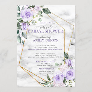Lila Lavender Gold Marble Floral Virtual Shower Kaart