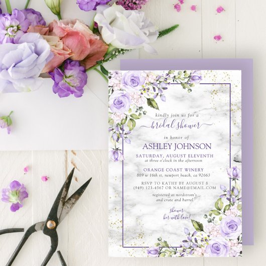 Lila "Lavender Gold Marble Floral Vrijgezellenfees Kaart