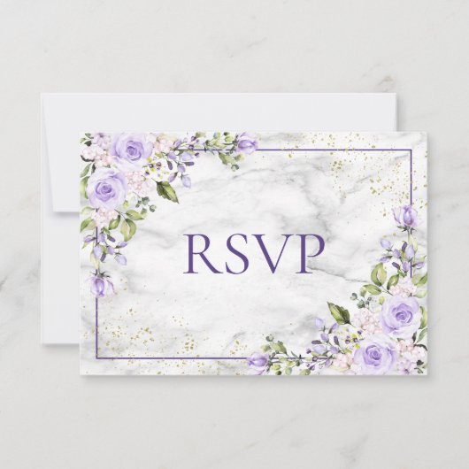 Lila lavender Gold Marble Floral Wedding RSVP (Voorkant)