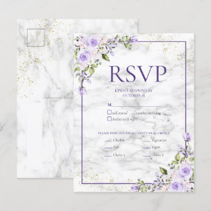 Lila lavender Gold Marble Floral Wedding RSVP Inv Uitnodiging Briefkaart