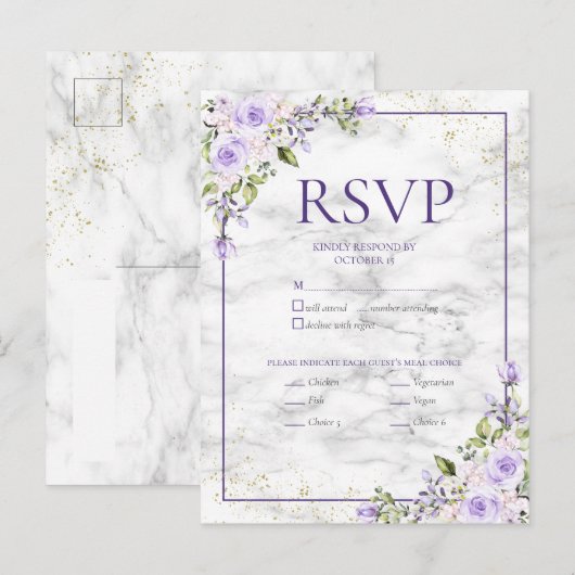 Lila lavender Gold Marble Floral Wedding RSVP Inv Uitnodiging Briefkaart (Voorkant / Achterkant)