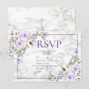 Lila lavender Gold Marble Floral Wedding RSVP Uitnodiging Briefkaart