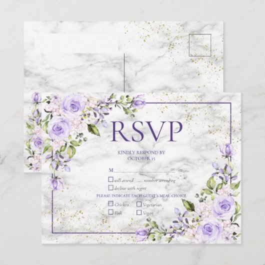 Lila lavender Gold Marble Floral Wedding RSVP Uitnodiging Briefkaart (Voorkant / Achterkant)
