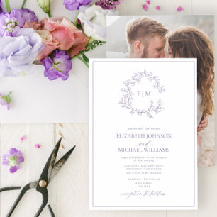 Lila lavender Leafy Crest Monogram Foto bruiloft Kaart