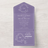 Lila lavender Leafy Crest Monogram Weddenschap All In One Uitnodiging (Binnen)