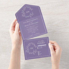 Lila lavender Leafy Crest Monogram Weddenschap All In One Uitnodiging
