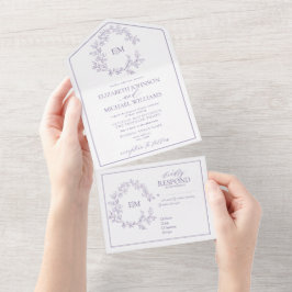Lila lavender Leafy Crest Monogram Weddenschap All In One Uitnodiging