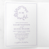 Lila lavender Leafy Crest Monogram Weddenschap Drieluik Uitnodiging (Binnenzijde eerst)