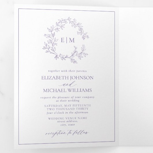 Lila lavender Leafy Crest Monogram Weddenschap Drieluik Uitnodiging (Binnenzijde eerst)