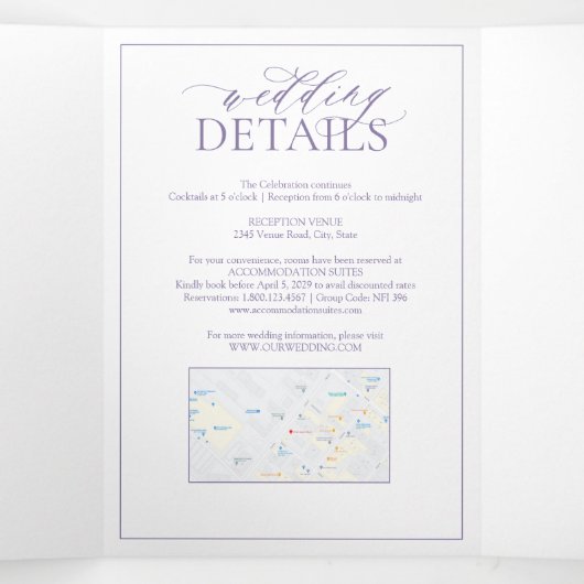 Lila lavender Leafy Crest Monogram Weddenschap Drieluik Uitnodiging (Binnenkant midden)