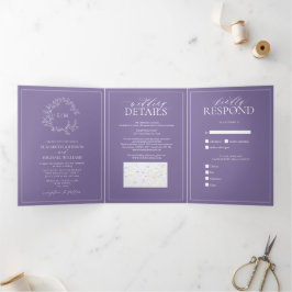 Lila lavender Leafy Crest Monogram Weddenschap Drieluik Uitnodiging