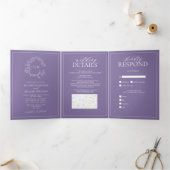 Lila lavender Leafy Crest Monogram Weddenschap Drieluik Uitnodiging (Binnen)