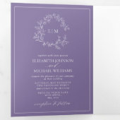 Lila lavender Leafy Crest Monogram Weddenschap Drieluik Uitnodiging (Binnenzijde eerst)