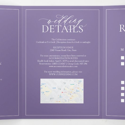 Lila lavender Leafy Crest Monogram Weddenschap Drieluik Uitnodiging (Binnenkant midden)