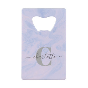Lila Lavender Marble Elegant Monogram Naam Creditkaart Flessenopener